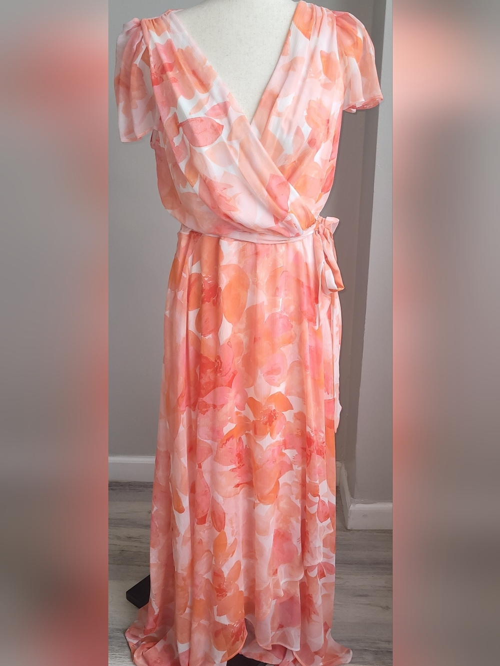 DKNY NWT Floral Maxi Dress Size 10 Peach Coral High Low Formal